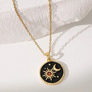 Gold Toned with Black Sun and Moon Pendant Necklace